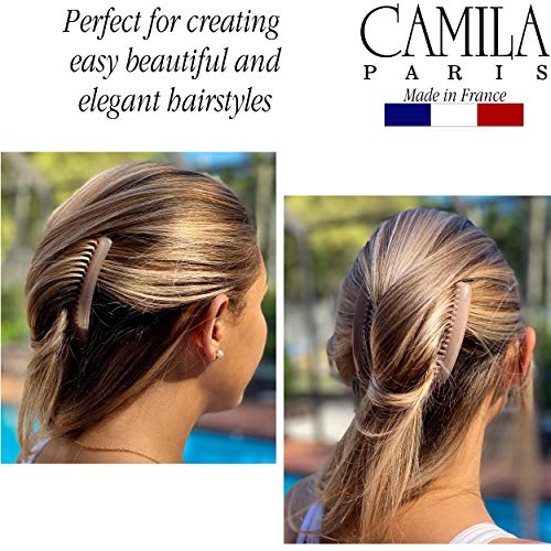 Camila Paris CP2912 French Side Combs Large Curved, Nude French Twist Hair Combs Decorative, Strong Hold Hair Clips for Women Bun Chignon Up-Do, No Slip Styling Girls Hair Accessories, Made in France