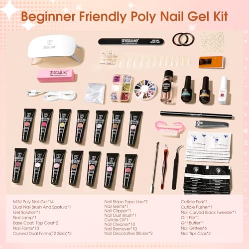 ROSALIND Poly Nail Gel Kit -14 Colors +72 Nail Art Accessories kit Clear Nude Poly Nails Gel Kit Starter Kit with Mini UV Lamp Slip Solution Basic Tools for Beginners with Everything