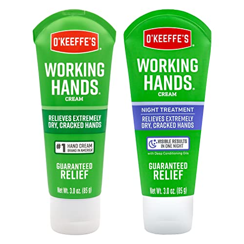 O'Keeffe's Working Hands Hand Cream Plus Night Treatment Cream Bundle - 3 oz Tubes (2 total) - Repairing Skincare for Cracked, Dry Hands