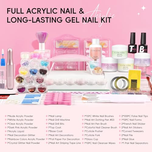 Acrylic Nail Kit with Drill, Pink White Nude Clear 4 Colors Nails Kit Acrylic Set with U V Light Sequin Glitter Decoration Powders Manicure Kits for Home Nail DIY