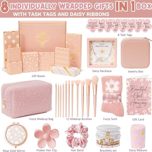 Birthday Gifts for Tween Teen Girls - 8 PCS Gifts Basket Teen Girl Gifts Trendy Stuff Girls Fun Empower Gift Box w/Task Tags Make up Brushes Makeup Bag, Graduation Gifts Idea for Her Niece Daughter