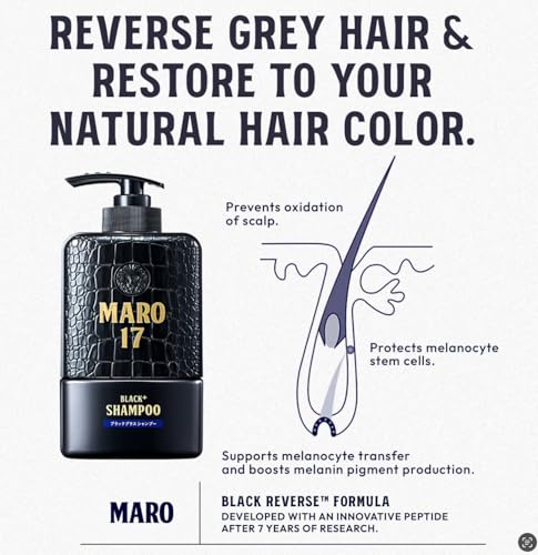 MARO17 Black+ Shampoo - Mens Shampoo for Gray Hair Reversal - Sulfate Free + DHT Blocker, Royal Jelly & Collagen for Thicker, Darker Hair - Protects Follicles, Promotes Growth, & Prevents Greying