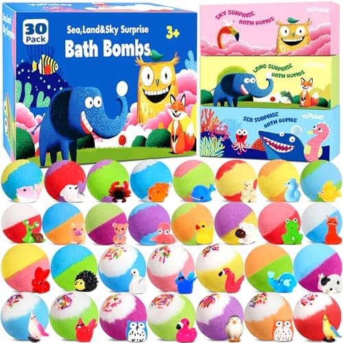 Bath Bombs for Kids with Toys Inside, 30 Pack Kids Bath Bombs Gift Set with 30 Sea & Land & Sky Animal Surprise Toy, Natural Organic Bubble Bath Toys for Kid, Birthday Gifts for Girls Boys