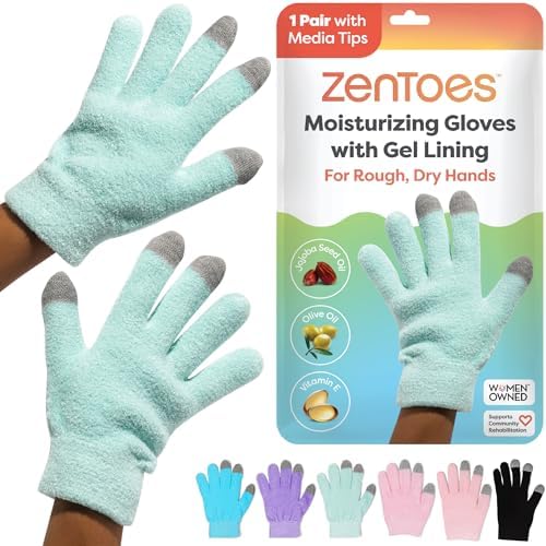 ZenToes Moisturizing Gloves for Dry Hands, Gel Infused with Jojoba Seed Oil, Olive Oil and Vitamin E, Overnight Hand Moisturizer (OSFM, Fuzzy Mint Green with Media Tips)