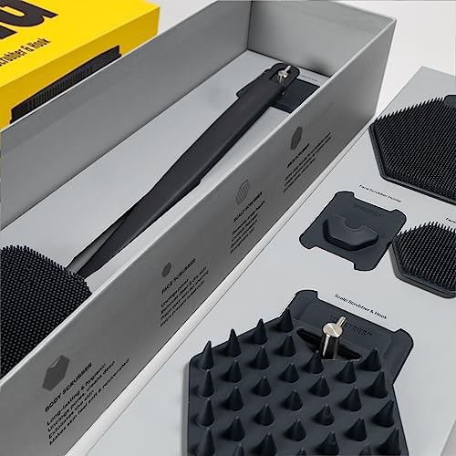 TOOLETRIES The Scrub King - Men's Silicone Body and Face Scrubber Set - Back Scrubber for Shower, Body Scrubbers, Storage Hooks, & Face Brush Holder - Shower Accessories for Men - Charcoal