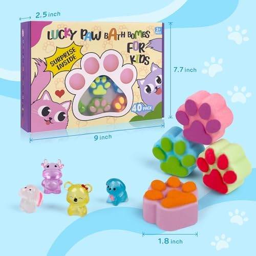 Bath Bombs for Kids With Surprise Inside, 40 Large Number Pack Paw Shape Gift Set, Natural Organic Bubble Bath Fizzy for Girls Boys With Bath Toys Inside