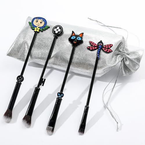 Horror Movie Coraline Makeup Brushes - Charm Women Halloween Coraline Makeup Brush Set Metal Memorial Collection Silver Drawstring Bag (makeup brushes jewelry set)