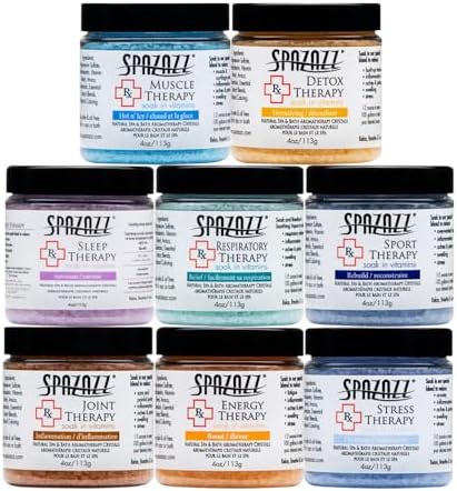Spazazz RX Therapy Hot Tub Spa and Bath Aromatherapy Salt Crystals 4oz 8 Pack Sample Bundle Includes Muscle - Joint - Detox - Stress - Respiratory - Sport -Sleep - Energy. Great for Muscles & Joints
