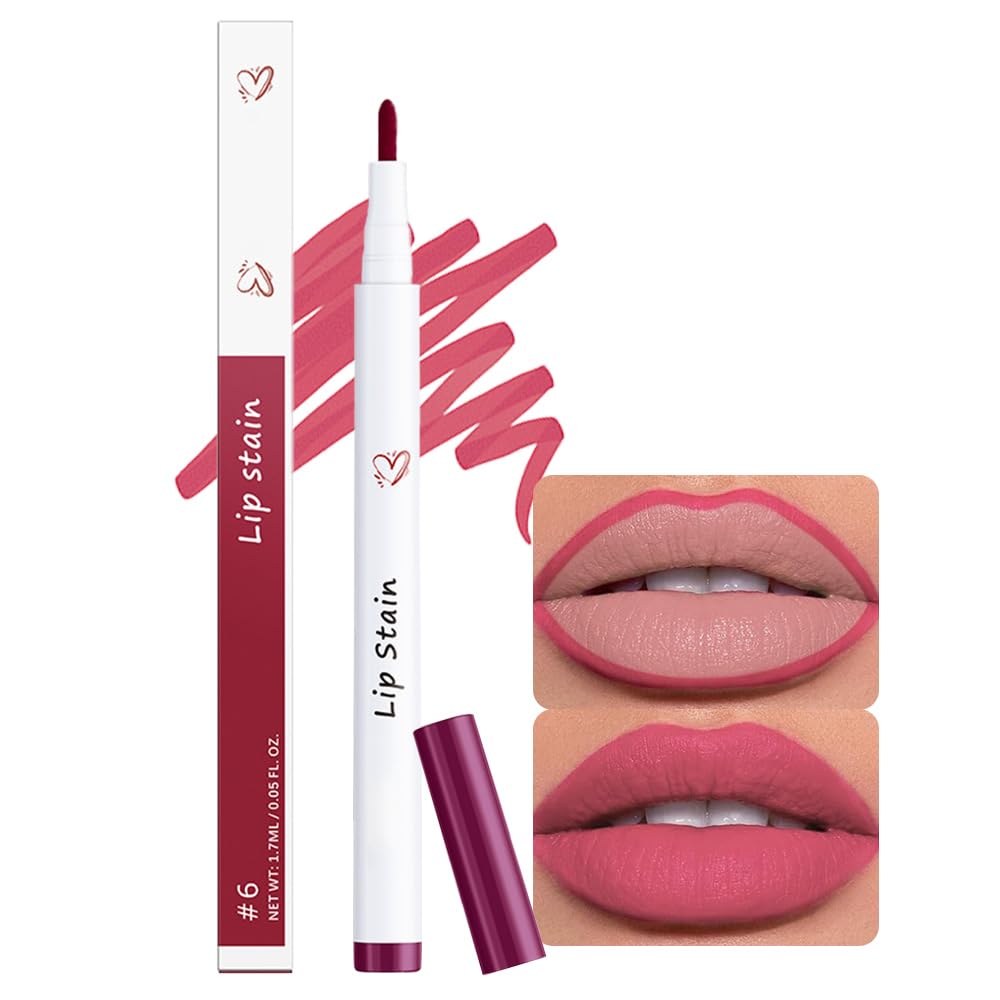 HHLTOH Rose Pink Matte Lip Tint Stain Marker Pen,2in1 Liquid Lipstick & Lip Liner Pencil,Long Lasting Waterproof,Ultra-Pigmented & Waterproof, 24 Hour Lip gloss for Women, Vegan & Cruelty-Free, 06