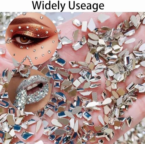 6400Pcs Silver Clear Nail Rhinestones 600Pcs, Multishapes Big Nail Gemstones +5800Pcs 1.5-6.5mm Flat Back Round Crystal Beads with B7000, Nail Decals, Multsize Flat Back Glass Stones for DIY Art