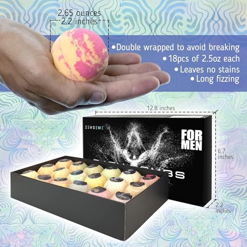 Bath Bombs for Men, Gift Set of 18 Scented Organic Handmade Bath Bombs of 2.5 oz with Natural Essential Oils. Perfect for Boyfriend, Husband, Father or Friend, by ZenseMe
