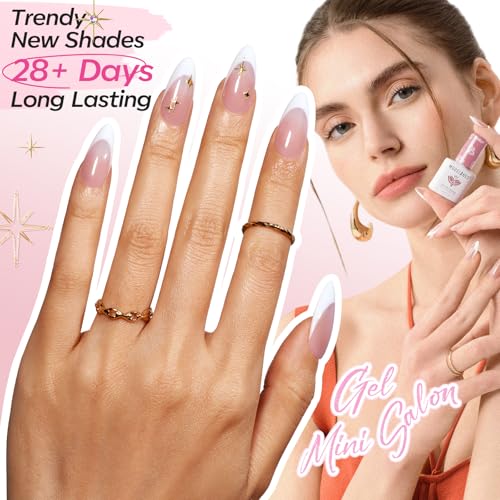 modelones Gel Nail Polish Kit French Jelly Pink White Sheer Nude Gel Polish Set with French Tip Stamp Tool & Silver Gold Stickers, 4 Colors Gel Mini Salon Home DIY Trend Manicure Gift for Women