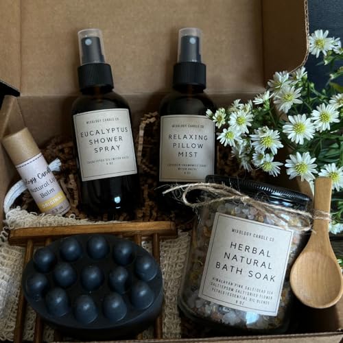 Spa Set, Natural Self-Care Essentials, Relaxing Gift Sets for Her,Gifts for Women, herbal natural bath soak, natural lip balm,relaxing pillow mist, Eucalyptus shower spray, Charcoal Soap Bar