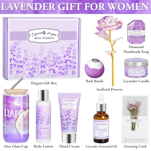 Gifts for Women, Lavender Gift Baskets, Birthday Gifts for Women, Bath and Body Relaxing Spa Gifts Self Care Gifts Care Package Home Spa Bath Gifts for Mom Sister Wife Female Friends Coworker Employee