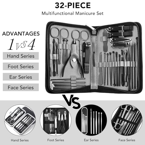 Manicure Set 32pcs Professional Nail Clippers Kit Pedicure Care Tools-Stainless Steel Grooming Tools for Travel
