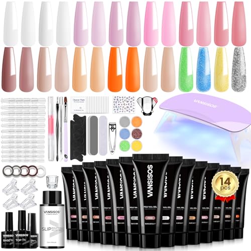 Poly Gel Nail Kit: 14 PCS PolyGel with Slip Solution Mini U V Nail Light Poly Gel Kit for Beginners with Everything Extension