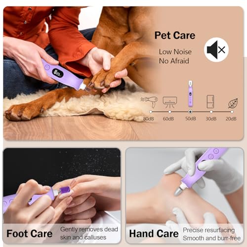 Cordless Electric Nail File Set, 10 Speeds Professional Manicure Pedicure Kit with LED Light, Portable Nail Drill for Natural & Acrylic Nails, Human & Pet Thick Toenails, w 120*Sanding Bands (Purple)