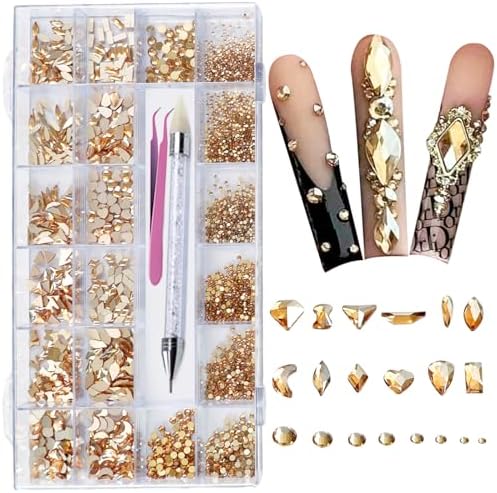 Gold Rhinestones for Nails, 6080Pcs Gold Nail Art Rhinestones Kit, 3D Flatback Crystals Diamonds for Nail Art Design, Mix Sizes Nail Charms and Gems(Picking Pen and Tweezers Included)