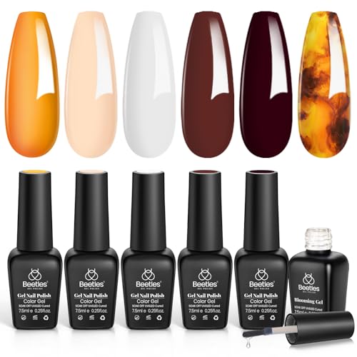 Beetles Gel Nail Polish with Blooming Gel - 5 Colors Gel Polish White Wine Brown Color Nail Polish Set Amber Attraction 1pcs Clear Blooming Polish Soak Off Uv Nail Art Gfit Set for Women