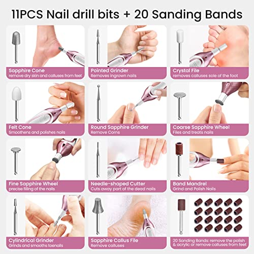 36-Piece Professional Manicure Pedicure Kit-Cordless Electric Nail File Kit,20000RPM, 11Pcs Bits,4 Speed,Rechargeable Pedicure Tool for Feet,Hand Foot Care Nail Drill Tool for Nail Grind Trim Polish