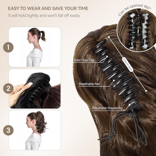 14 Inch Blonde Ponytail Extension - Wavy Pony Tails Hair Extensions, Claw Clip Ponytail Extension, Synthetic Hair Extensions Ponytail, Clip on Ponytails for Women (Dark Blonde With Beige Highlights)