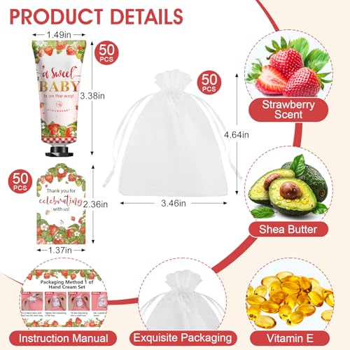 50 Pack Bulk Hand Cream Gifts Sets, Baby Shower Favors and Bridal Shower Favors for Guests with Thank You Card and Organza Gift Bags, Appreciation Gifts, Wedding Party Favors (Strawberry)