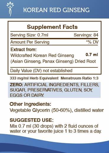Korean Red Ginseng Tincture Alcohol-Free Liquid Extract, Wildcrafted Korean Red Ginseng (Asian Ginseng, Panax Ginseng) Dried Root 2 oz