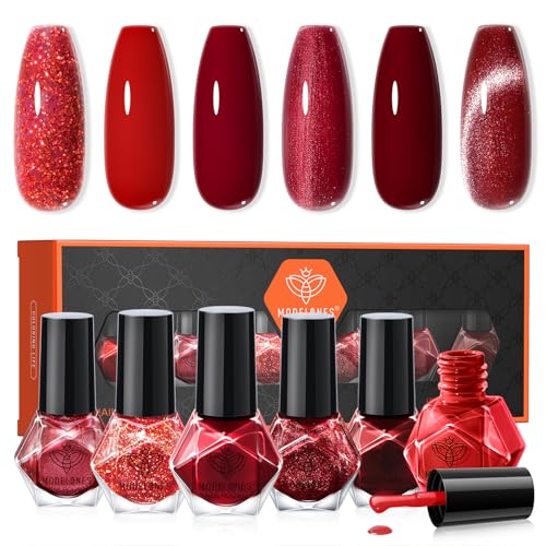 modelones Nail Polish Set, 6 Colors 2025 Summer Classic Apple Red Cat Eye Glitter Mini Quick Dry Nail Lacquer Kit, Ruby Cherry Red Magnetic Sparkle DIY Nail Art Manicure Gift for Women Girls