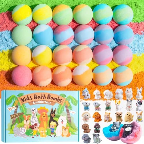 24 Pack Puppy Bath Bombs for Kids – Each with Surprise Puppy Figurine Inside, 12 Unique Scents, Bath Bombs with Toys, Gentle on Skin, Birthday Party Favors & Summer Gifts for Boys and Girls
