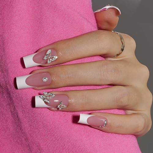 Canvalite French Tip Press on Nails - 300Pcs Pre-Colored Quick and Easy Press on Nails Long Square Fake Nails with Designs DIY Gel Nail Tips, Pink White