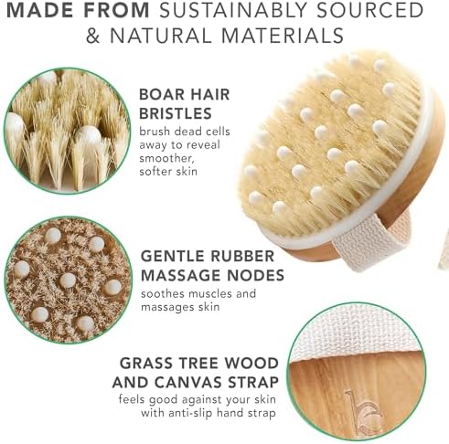 Dry Brushing Body Brush for Lymphatic Drainage & Cellulite - Natural Brustles for Wet and Dry Brushing, Body Exfoliating Brush with Massage Nodes for Soft & Smooth Skin