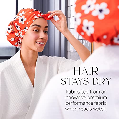 GRACE & COMPANY Luxury Shower Cap For Women - 100% Waterproof, Reusable, Washable & Breathable Shower Caps - Clementine
