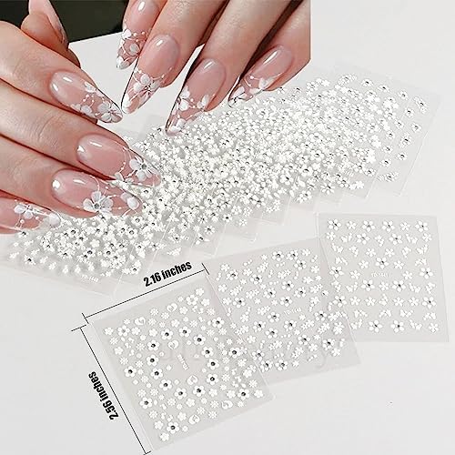 102 Sheets Nail Art Stickers & Storage Book,5200 Pieces 3D Self-Adhesive White Floral Nail Stickers with Rhinestones Designs, Multicolor Laser Gold Nail Decals for Women Girls DIY Manicure Decorations