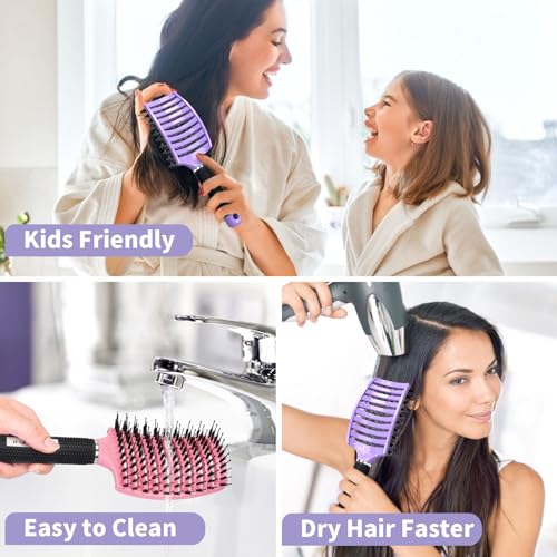 Boar Bristle Hair Brush Set of 2, HIPPIH Wet & Dry Hair Brushes Made by Fine Natural Boar Hair Can Adds Shine and Smoothing, Detangling Hairbrush for Women, Men & Kids' Long Curly Thick Hair