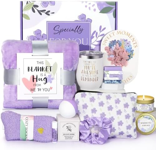 Birthday Gifts for Women, Self Care Gifts for Women, Relaxing Spa Gifts Basket Care Package w/Flannel Blanket, Mothers Day Gifts for Mom Her Best Friend Grandma Sister Wife (Purple)