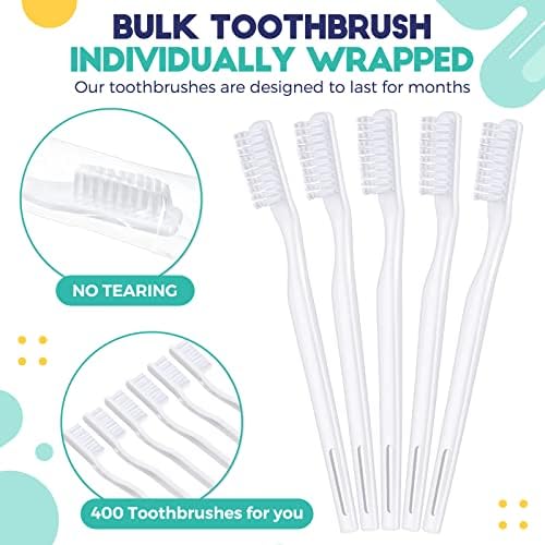 400 Pack Individually Wrapped Disposable Toothbrush Bulk Hard Bristle Adult Manual Tooth Brush Travel Toothbrushes Single Use Toothbrush for Homeless Women Men Hotels Guest Rooms, White