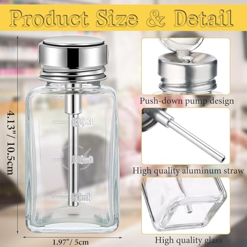 Noverlife 2PCS 6Oz / 180ml Clear Pump Dispenser Bottle, Square Glass Push Down Liquid Dispensers, Nail Polish Remover Hand Pumping Press Container with Flip Top Cap Refillable Push Down Pump Dispenser