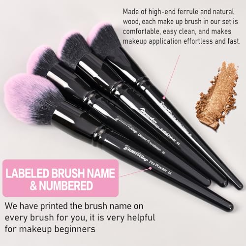 Bueart Design 18Pcs Pro Deluxe Fuchsia Pink Black Makeup Brushes set with Travel Make up Brush Holder case Foundation concealer contour Blush eyeshadow face make up brush set