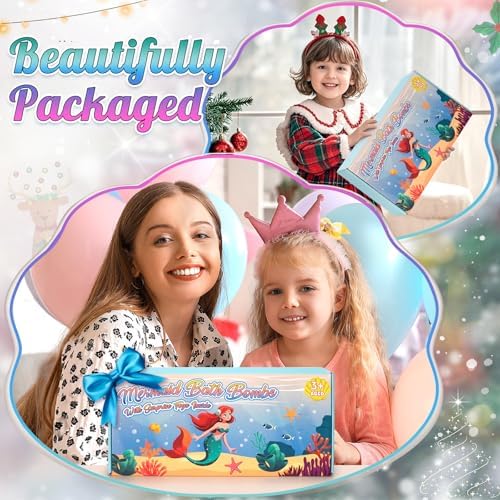 Mermaid Bath Bombs for Kids with Surprise Toys Inside, 8 Pcs Organic Natural Bubble Bath Bombs for Girls,Christmas Birthday Gift for 3 4 5 6 7 8 Year Old Girl,Princess Bath Bomb Kit with Mermaid Toys