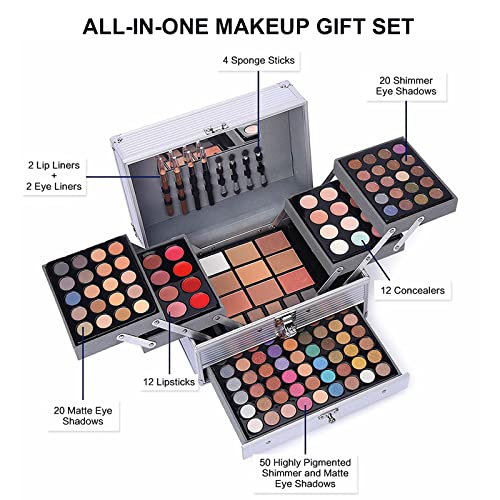 132 Color All- In- One Makeup For Women Full Kit,Professional Makeup Kit,Makeup Gift Set for Women,Girls&Teens,Include eyeshadow/lipstick/concealer/Lip Gloss/Eyeliner/Mascara（006N2-Silver）