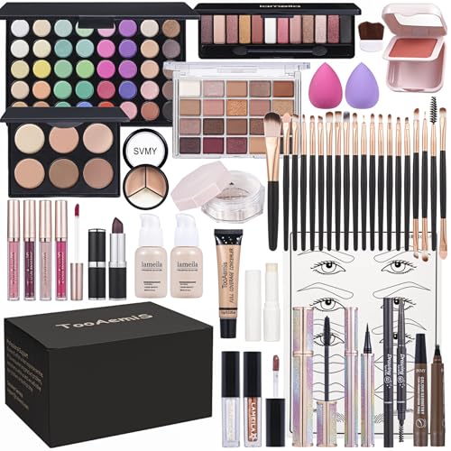 Makeup Kit for Women Full Kit、 Makeup Sets for Teens、 Multipurpose Makeup ，eyeshadow、 liquid foundation,Loose powder,Eyebrow pencil,4-color lip gloss set