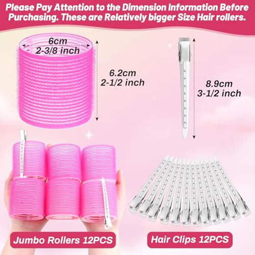 Jumbo Hair Rollers Set - 24 Pieces with 12 Large Rollers and 12 Clips for Voluminous Long Thick Hair (Hot Pink)