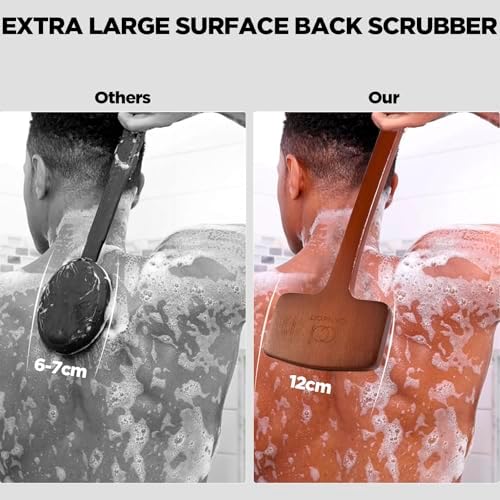 Exfoliation Set-17.71 Inch Boar Bristles Back Scrubber Bath Brush,Shower Brush with No-Slip Curved Handle,Dual-Sided Face Exfoliation Glove