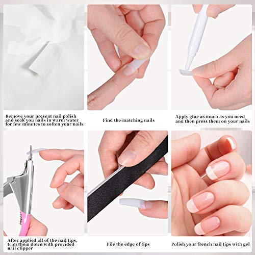 Acrylic Nail Tips 500pcs, French Fake Nails Natural False Nail Tips with Nail Clipper and Storage Case for Nail Art Salon and Home DIY (10 Sizes)