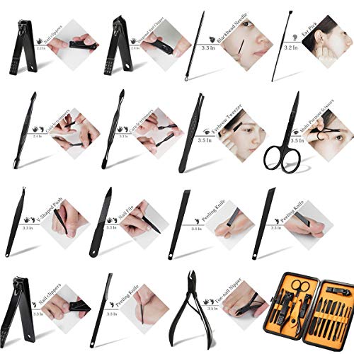 Professional Stainless Steel Nail Clipper Travel & Grooming Kit Nail Tools Manicure & Pedicure Set of 15pcs with Luxurious Case (Black/Yellow)