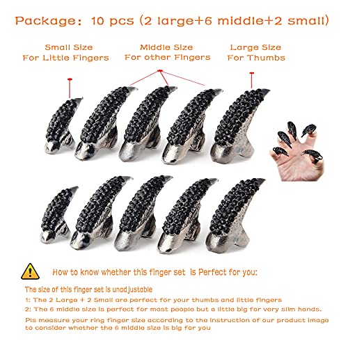 10 Pcs Halloween Costume Claws Fake Nails Ring Set, Bestga Gothic Punk 3 Sizes Crystal Full Finger Rings Paved Paw Bend Fingertip Fingernail Claw Girls Women Men Ring False Easy Long Nails (Black)