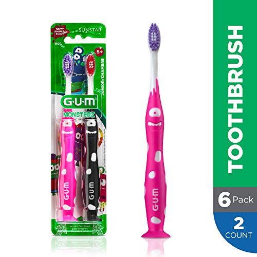 GUM Monsterz Jr Kids’ Toothbrush, Soft Bristled Children’s Toothbrush with Suction Cup, for Ages 5+, 2 Count(Pack of 6)