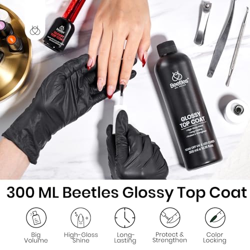 Beetles Extra Glossy Top Coat Bulk 300ml No Wipe Gel Top Coat Refill, Super Large Capacity High Shine Gel Nail Polish Clear Glossy Gel Polish Art Supplies for Techs Manicure Store or Nail Salon Lover