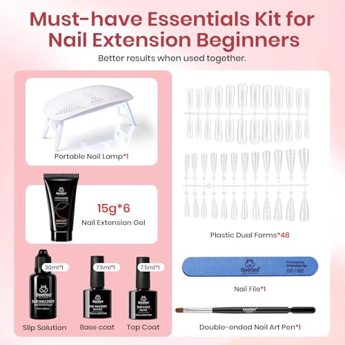 Beetles Poly Nail Gel Kit 6 Colors Clear Nude Brown Nail Extension Gel Set Builder Hybrid Jelly Gel with Nail Lamp Poly Extension Gel Nail Kit with Slip Solution Base Top Coat Gel Polish for Women