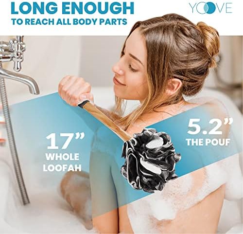 Bamboo Charcoal Infused Back Scrubber - Loofah with Handle | Exfoliating Shower Loofah for Men & Women - Features 1 Loofah on a Stick, 1 Loofa Pouf; Includes Hook (Black)